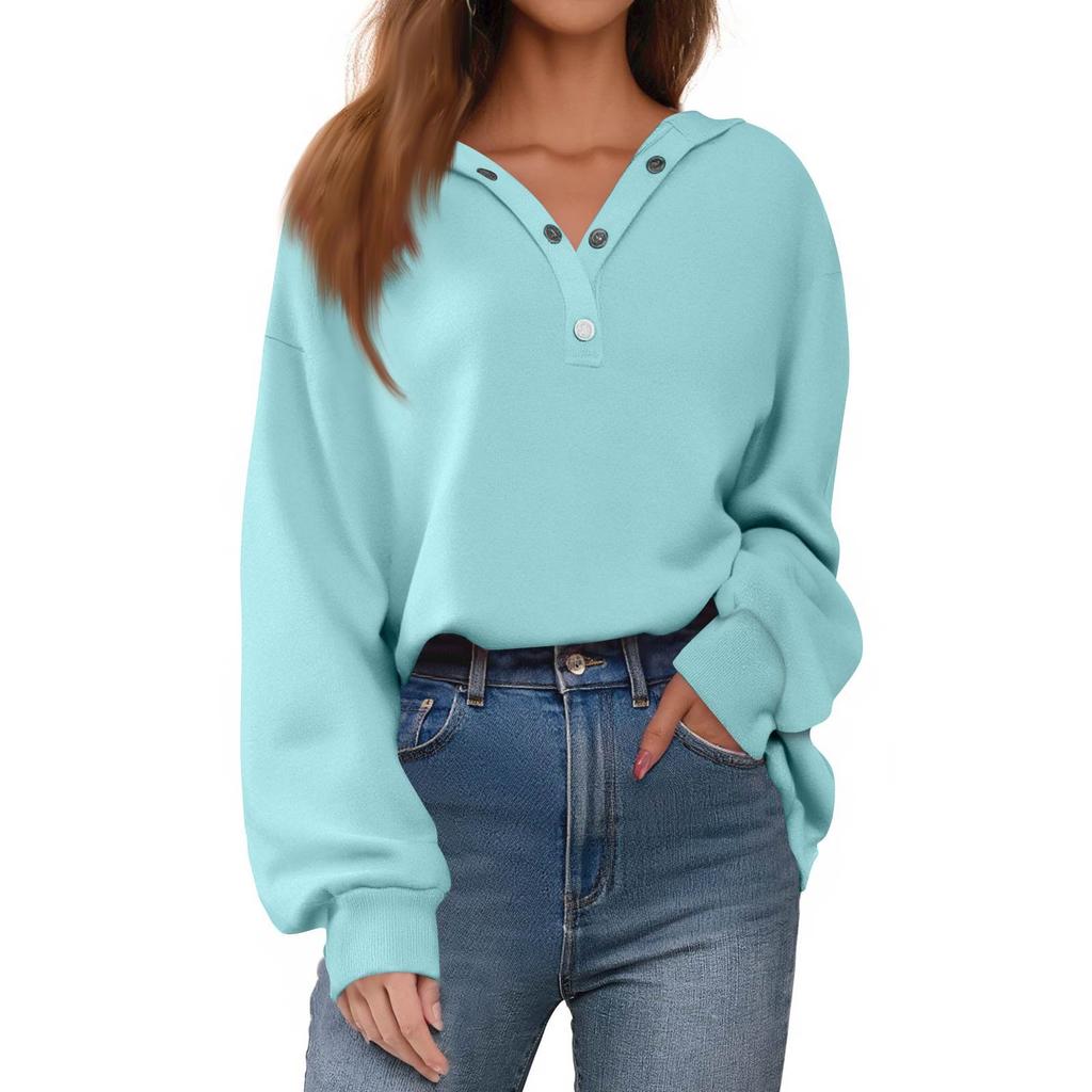 Women's Button Solid Color Pullover Tops Casual Long Sleeve Sweatshirts