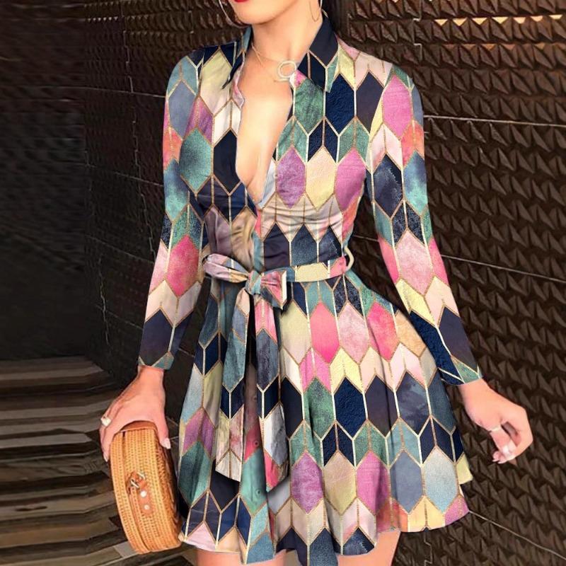 6 #new autumn and winter models, long-sleeved collar straps, fashionable and sexy printed dress style