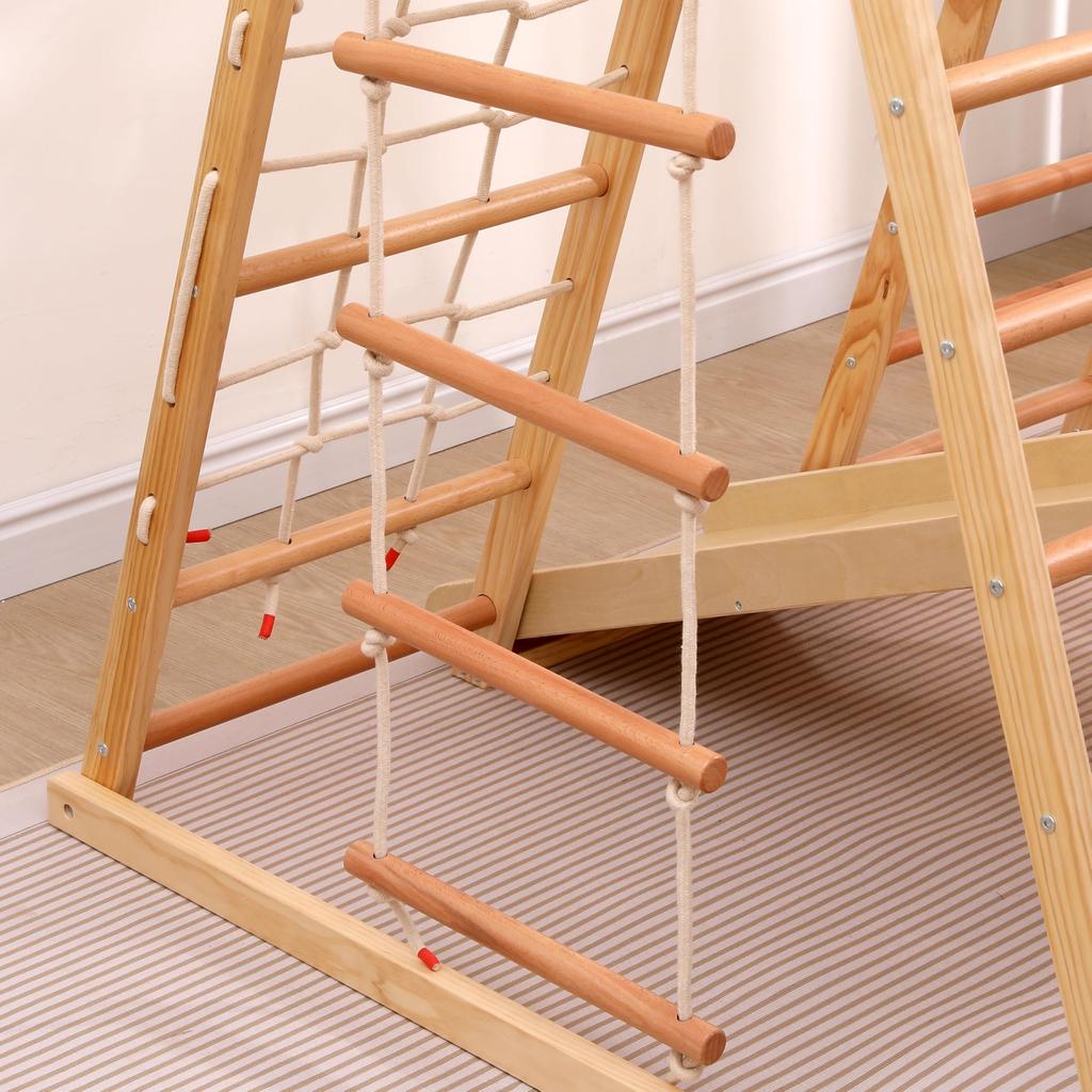 Sprossenwand Indoor Klettergerüst Kinder, Holz Kletterwand m. Rutsche, Schaukel, Krabbelleiter, Klimmzug, Ringe, bis 50kg, Natur/Weiß