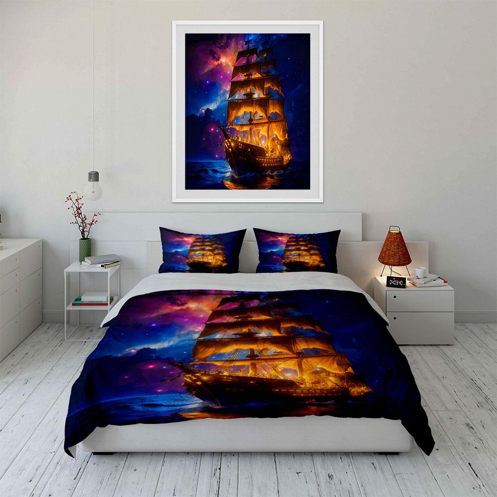 Ship Canvas Artwork Set Soft Comfortable Duvet Cover Bedding Set Included 1*Duvet Cover & 2*Pillowcases, Gift