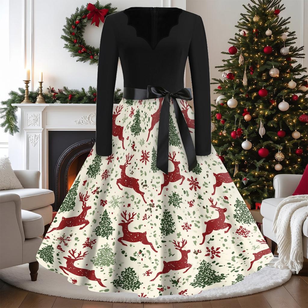 Women's Vintage V-Neck Long Sleeve Christmas Print Casual Dress