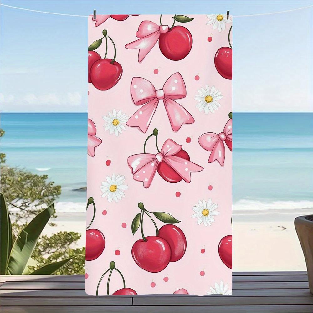 Berry Joy Soft Quick-Dry Beach Towel Lightweight Sand-Rid Easy Clean Towel with Cherry Floral pattern Red Cherries White Daisies