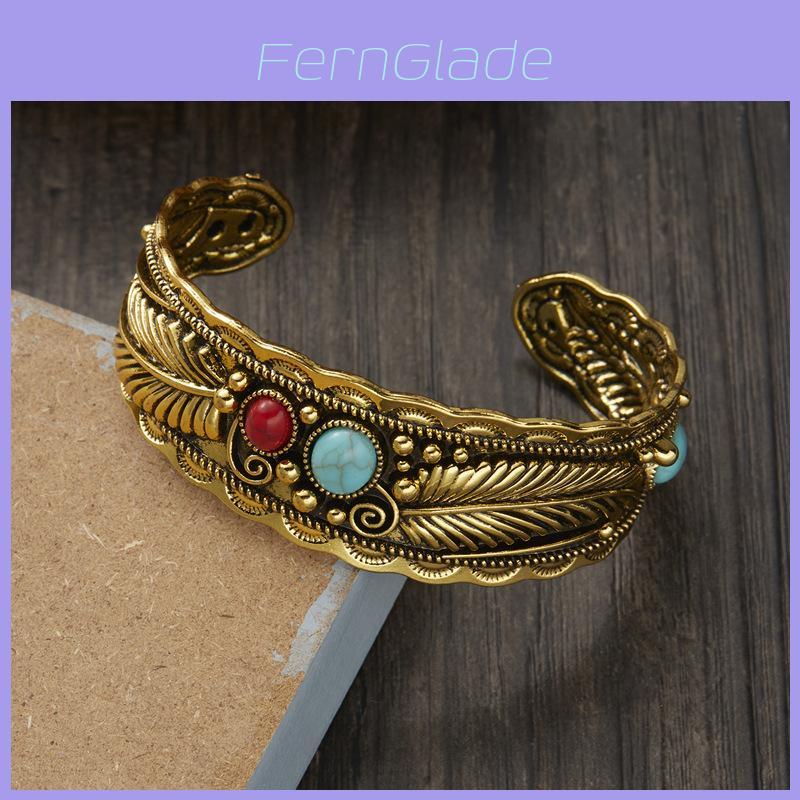 Style Oval Turquoise Bracelet With Vintage Two Tone Leaf Design For Women
