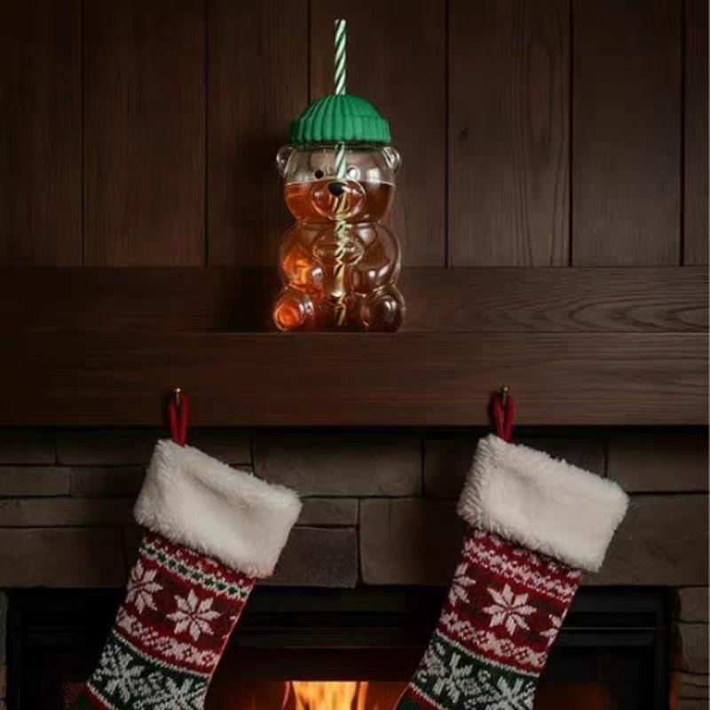 Creative Cute Bear Glass Cup, Transparent Water Cup with Lid, Office Cold Drink Juice Coffee Cups, Christmas Gift Straw Cup