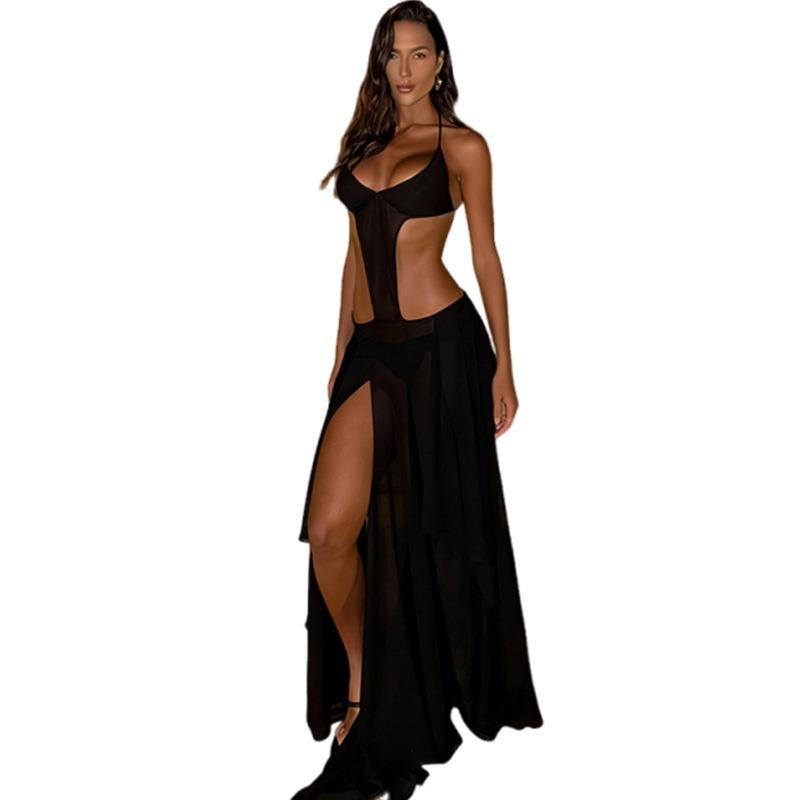 Summer New Sexy Perspective Mesh Stitching Waist Neck Dress