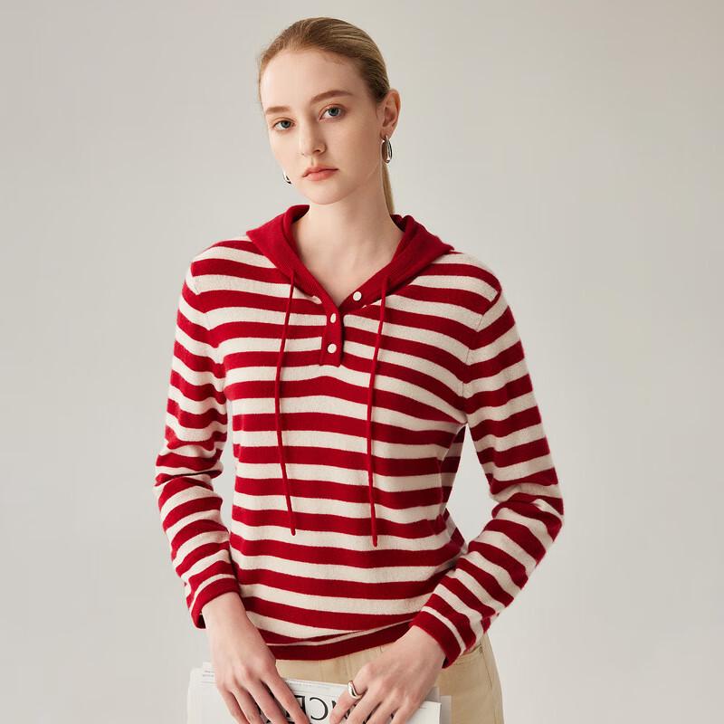 Zhaojun Women's Red Stripe Hooded Cashmere Sweater