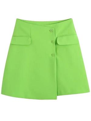 Women Fashion Green With Pockets Fitted Mini Skirt Vintage High Waist Button-Down Female Skirts Mujer Streetwear