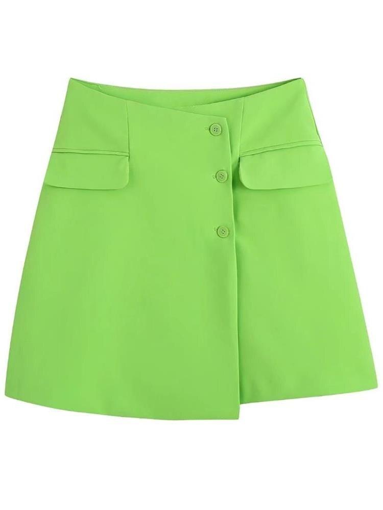 Women Fashion Green With Pockets Fitted Mini Skirt Vintage High Waist Button-Down Female Skirts Mujer Streetwear