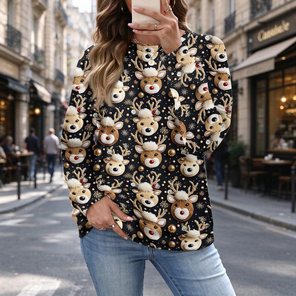 Women's Casual Polka Dot Christmas Print Top for Fall and Winter, Versatile Blouse