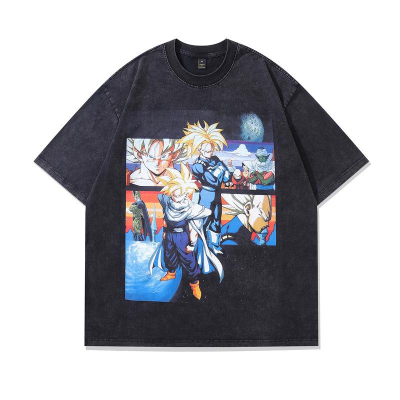 Trendy Brand Men'S T-Shirt Japanese Cartoon Direct Injection Printing 230G Heavy Pure Cotton Washed Loose Short-Sleeved T-Shirt Men'S
