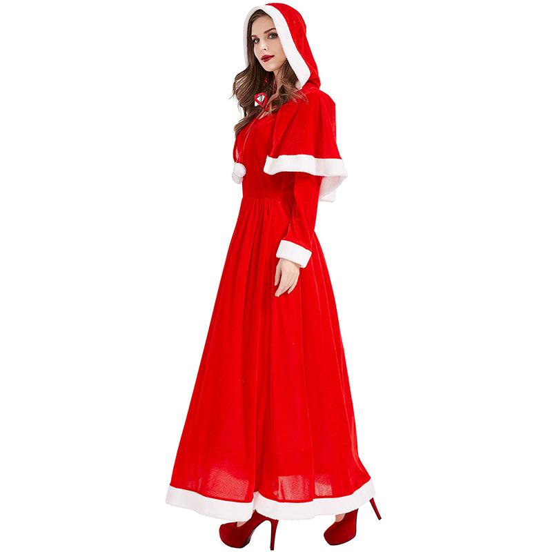 Adult Women Christmas Xmas Red Elf Velvet Hooded Shawl Cloak Dress Gown Set Halloween Role Play Dress Up Cosplay Costume