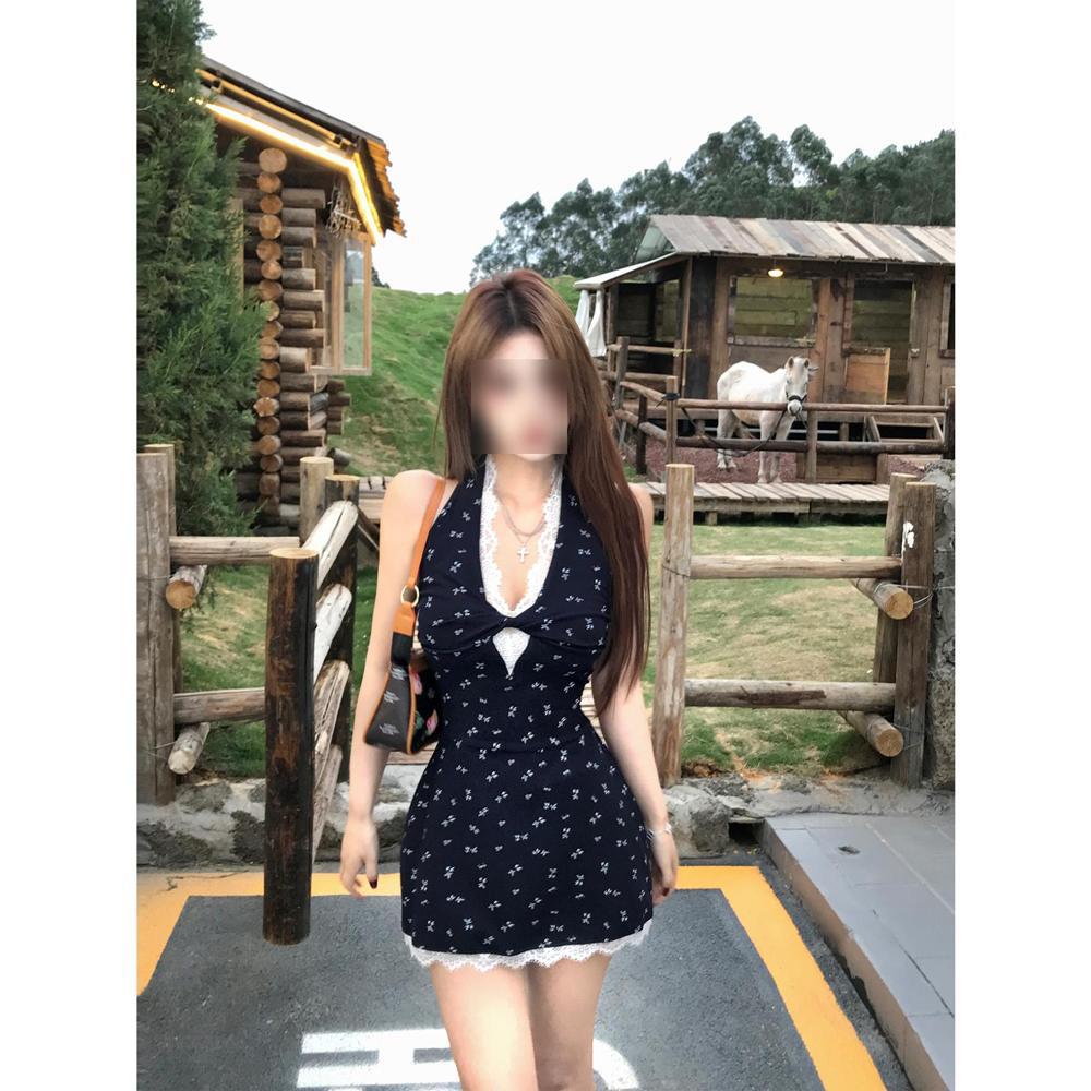 

Waist slim fit vacation hip wrap dress bow floral lace v-neck neck dress women s summer XL- (recommended 110-60kg)