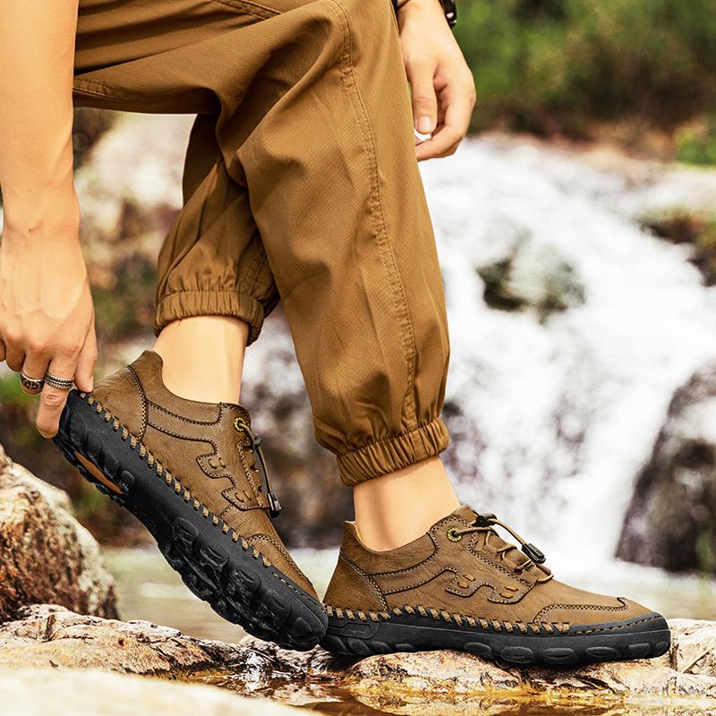 Fashion Travel  Male Camping Footwear Hand-stitching Leather Men Stylish Sneakers Comfty Casual Shoes Non-Slip Leisure Walk Hiking Shoes