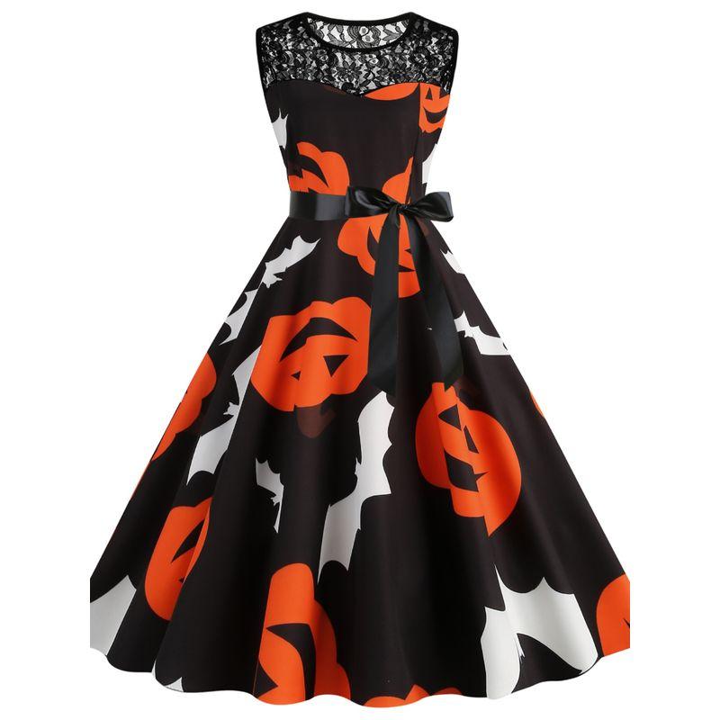 Amazon Fashion Halloween round Neck Print Lace Patchwork A- line Large Hem Mid-Length Sleeveless Vest Dress Women