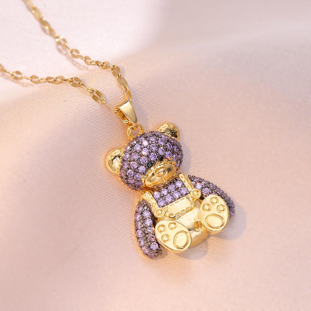 

Colorful Zircon Cute Bear Pendant Necklaces for Women Girls Stainless Steel Trendy Romantic Jewelry Accessories Gifts