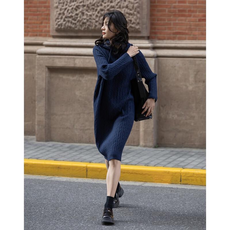 Demana Women's Korean Style Hooded Cable Knit Mid-length Dress