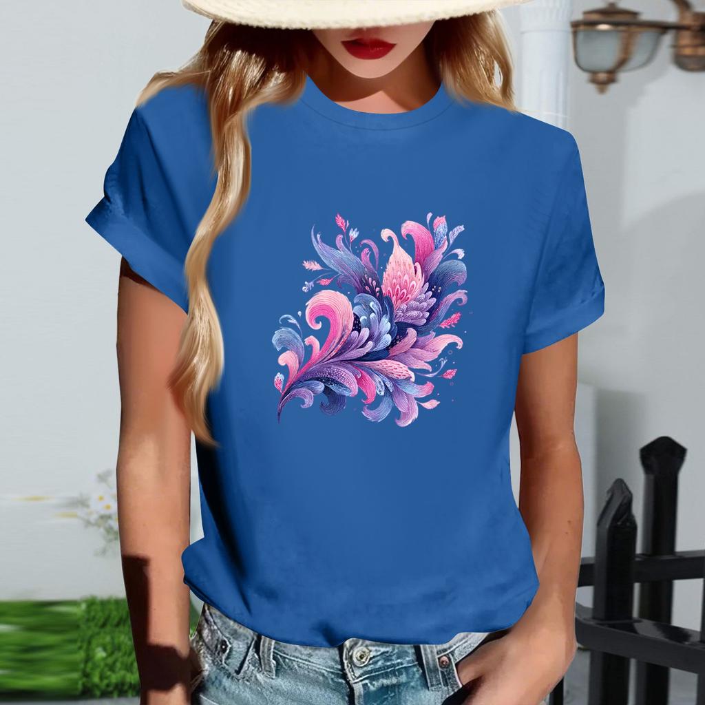 Women's Fashionable Round Neck Casual Retro Print Short Sleeved T-shirt Top