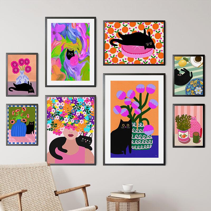Boho Abstract Girl Vase Flower Black Cat Illustration Wall Art Canvas Painting Nordic Poster & Prints Pictures Living Room Decor