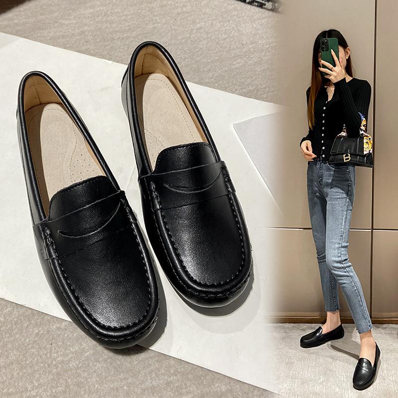 Solid Full Grain Leather Flats Woman Cowhide Moccasins Round Toe Slip On Shoes Ladies Daily Office Loafers Rubber Sneakers Mujer