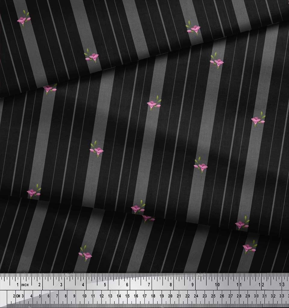 Soimoi Japan Crepe Satin Fabric Artistic Floral & Stripe Fabric Prints By metre 42 Inch