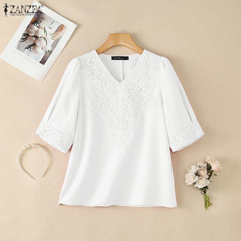 ZANZEA Blusa Casual da Donna a Maniche Corte con Patchwork di Pizzo e Scollo a V