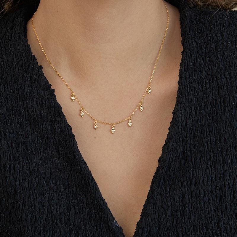 Gold-Plated S925 Sterling Silver Zircon Rhombus Pendant Necklace 18K Gold Color