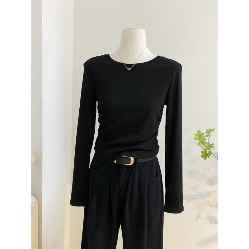 

Front shoulder small man waist pinch pleated bottoming shirt women s spring spice girl long-sleeved shirt with top tide XL чорний