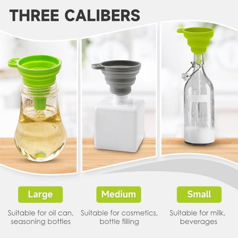 2025 New Silicone Collapsible Kitchen Funnel Set (3PC) - Food Grade Liquid Transfer Funnels for Bottles, Oil, Cooking Gadgets