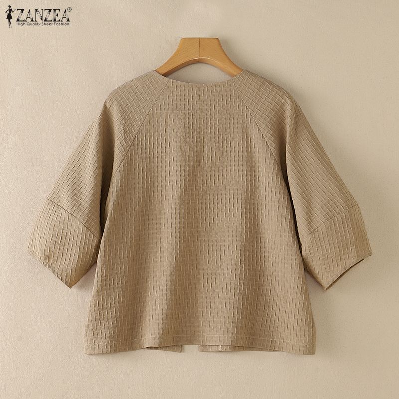 ZANZEA Womens Casual Open Front Loose 3/4 Sleeve Thin Cardigan Blouse