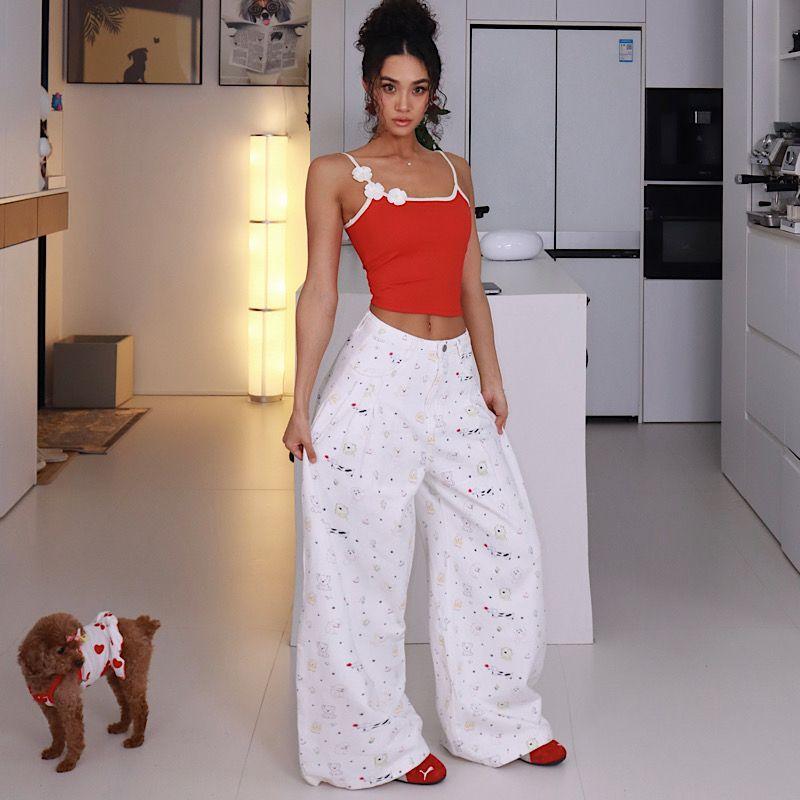 Akiyo Studio Western Style Gyaru Print Casual Straight Pants Women Design Casual Slimming Wide Leg Pants