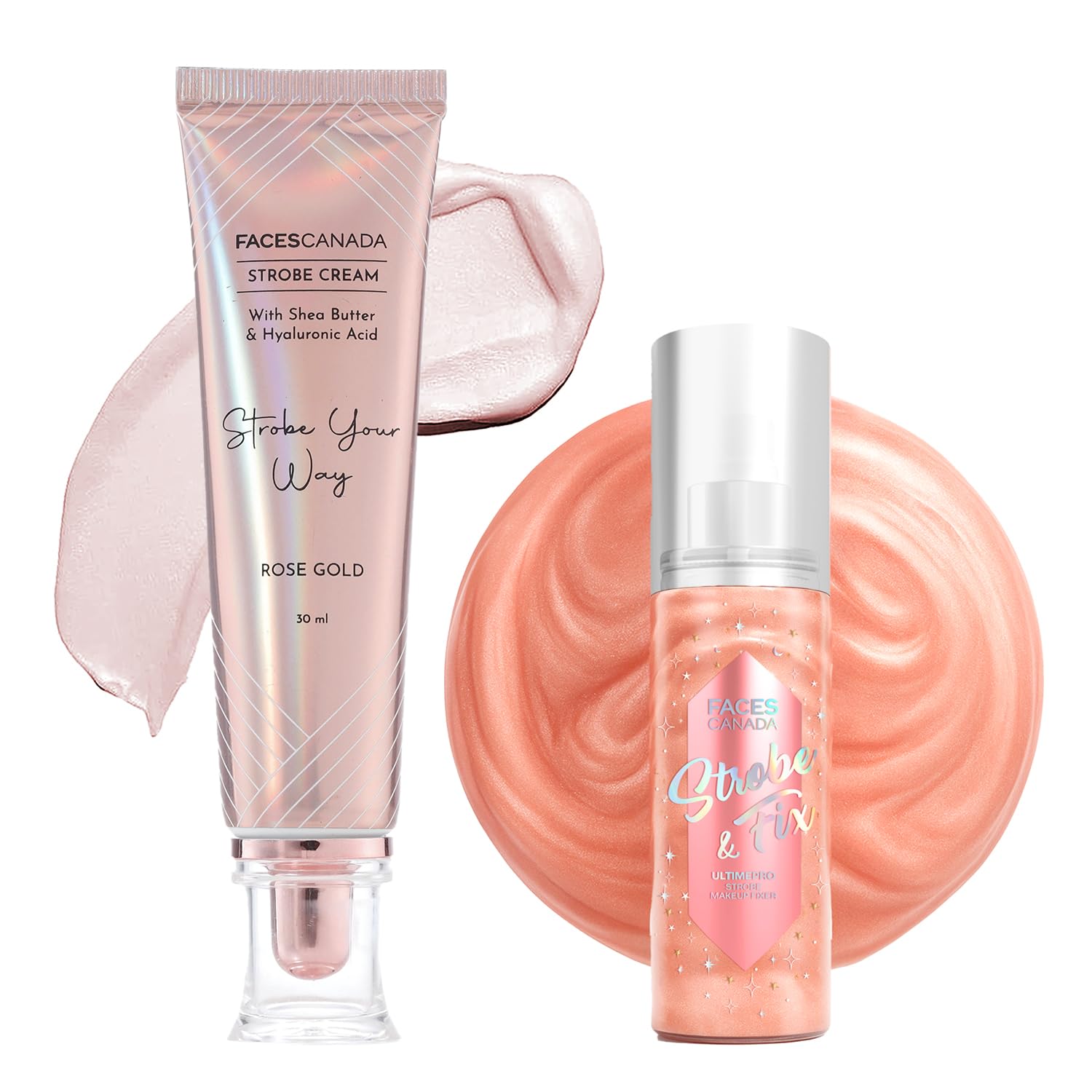 FACES CANADA Radiant Glow & Fix Duo | Strobe Cream - Rose Gold (30ml) + Ultime Pro Strobe Makeup Fixer (50ml) | Primer + Highlighter + Moisturize