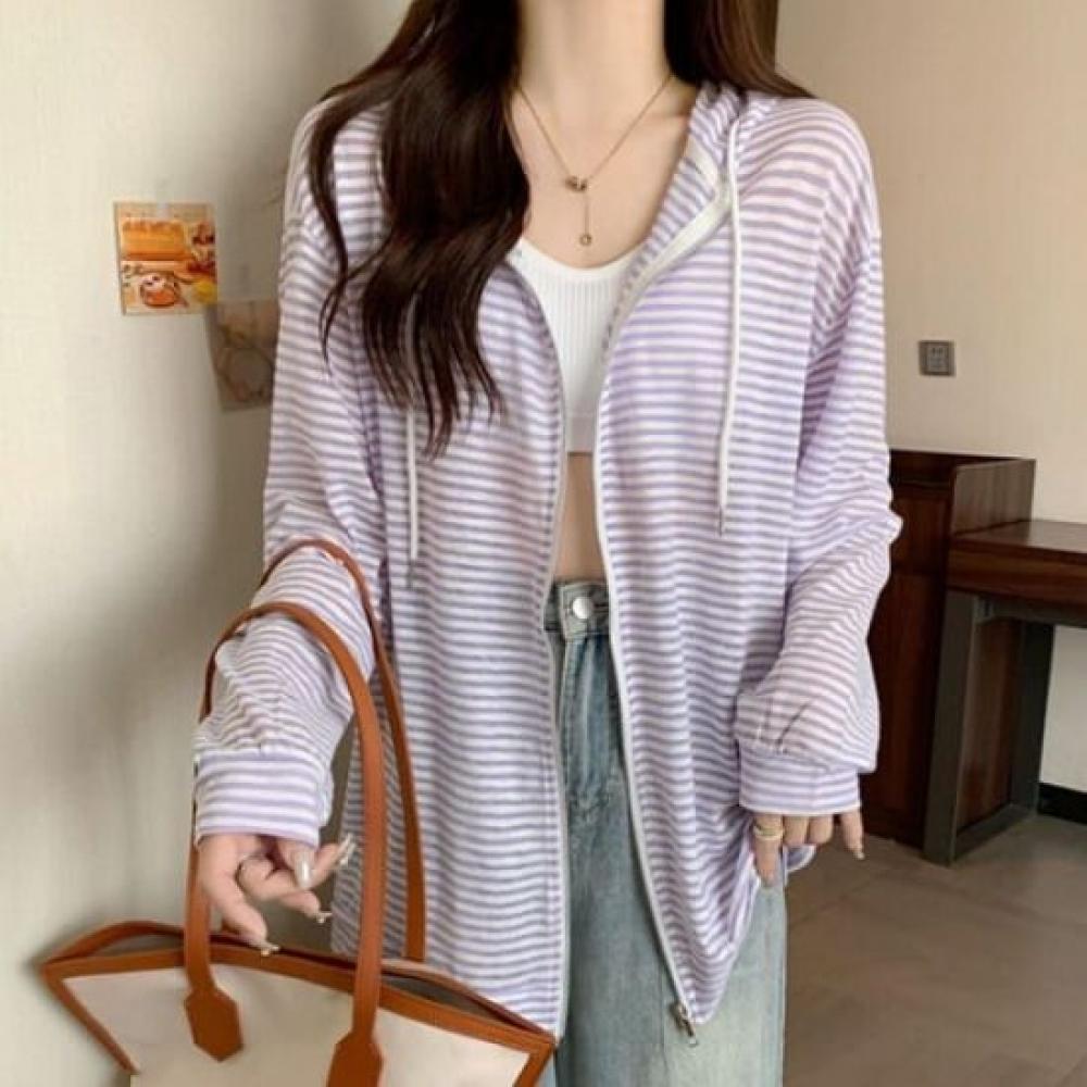 Navava Women Thin Striped Long Sleeve Hoodie Zip Up Nc384