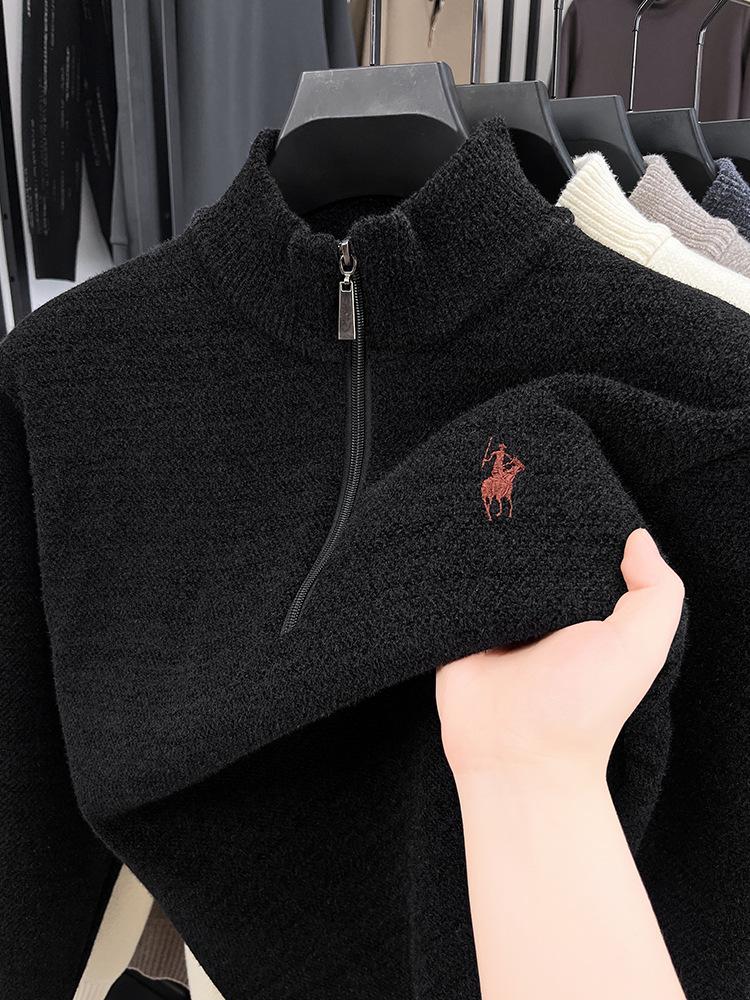 Men's Winter Embroidered Pony Logo Fleece Sweater - Semi-High Neck, Thick Knit
