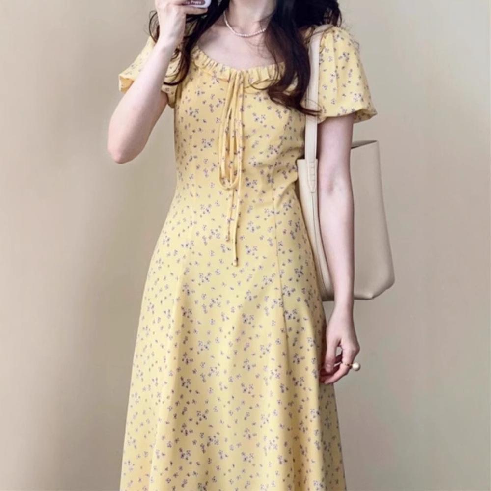 Bubble Sleeve Floral Dress Children's Summer New French Temperament Seaside Vacation Waist Thin Dress