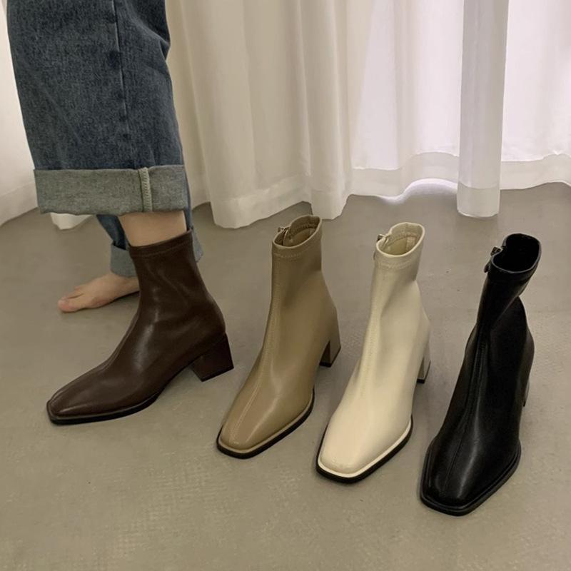 High Heel Square Head Elastic Skinny French Short Boots Women's Shoes Season Brown Martin Boots Single Boots