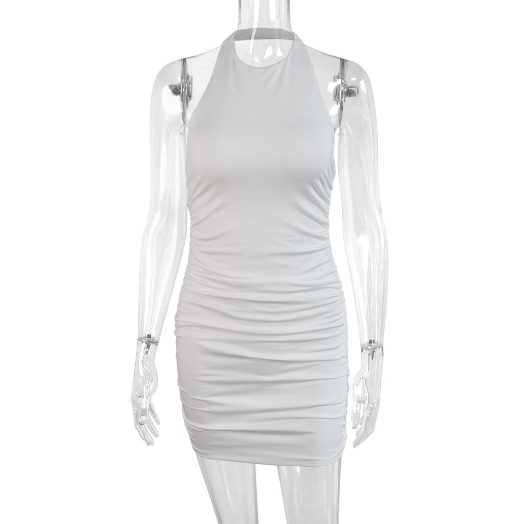 Women Halter Neck Backless Dress Sleeveless Bodycon Ruched Mini Dress Casual Summer Party Clubwear