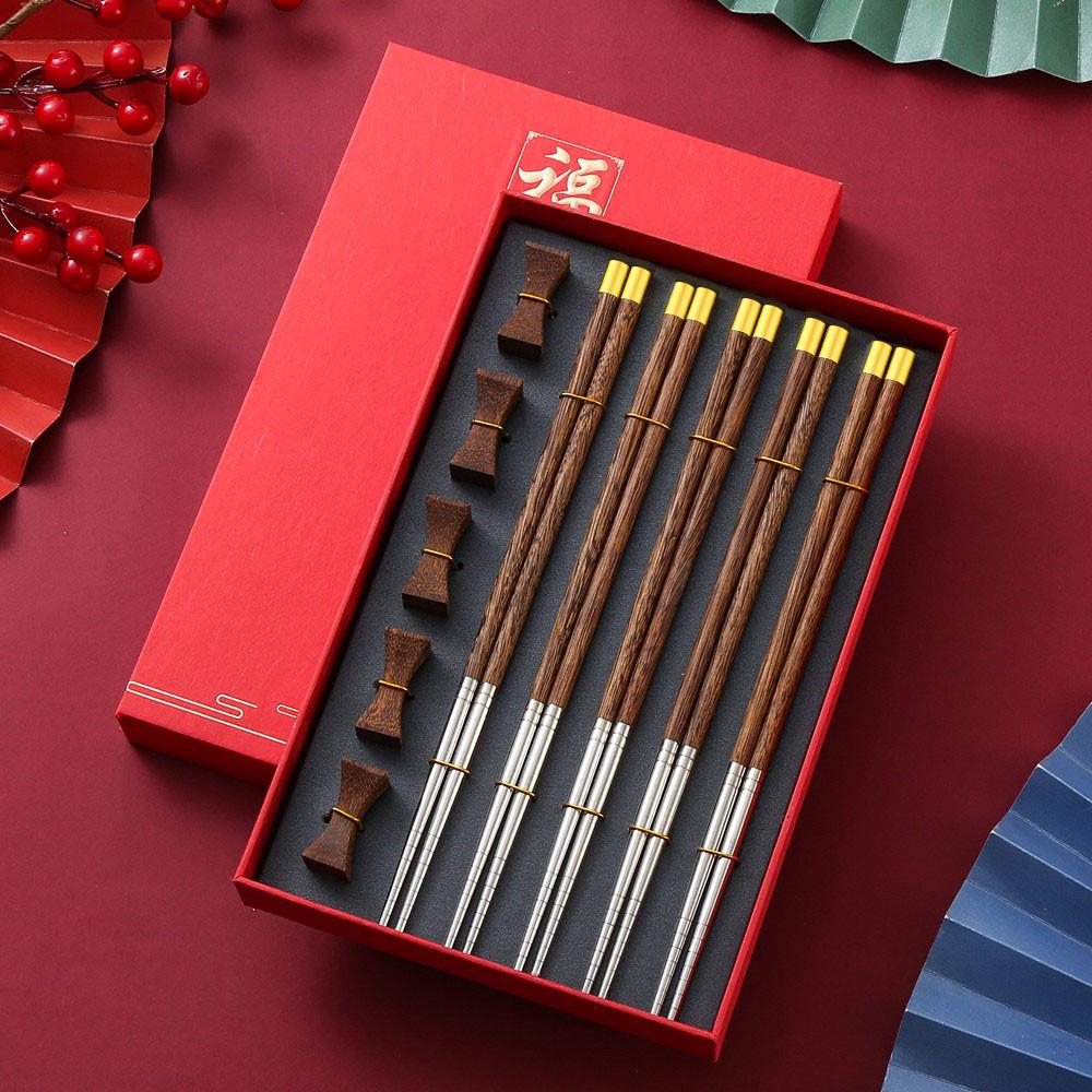 Red Sandalwood & 304 Stainless Steel Chopstick Set with Rest - Ideal for Home or Hotel