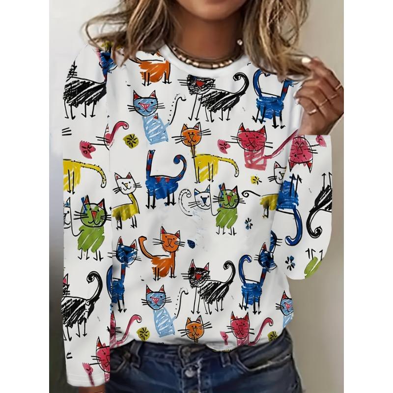 Women s Colorful Cat Print Long Sleeve T-Shirt - Casual Polyester Crewneck Top with Playful Feline Illustrations  Artistic Motif Apparel S