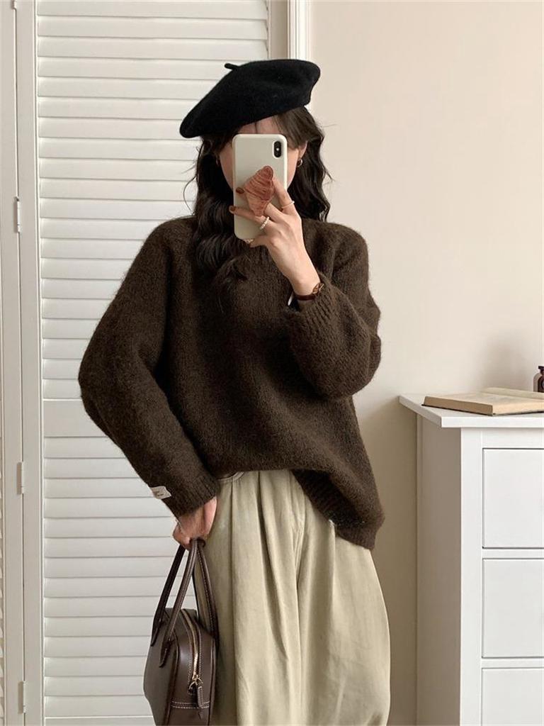 Lazy wind crew neck pullover sweater women's loose large size autumn and winter new thickened high-end knitted bottoming shirt top