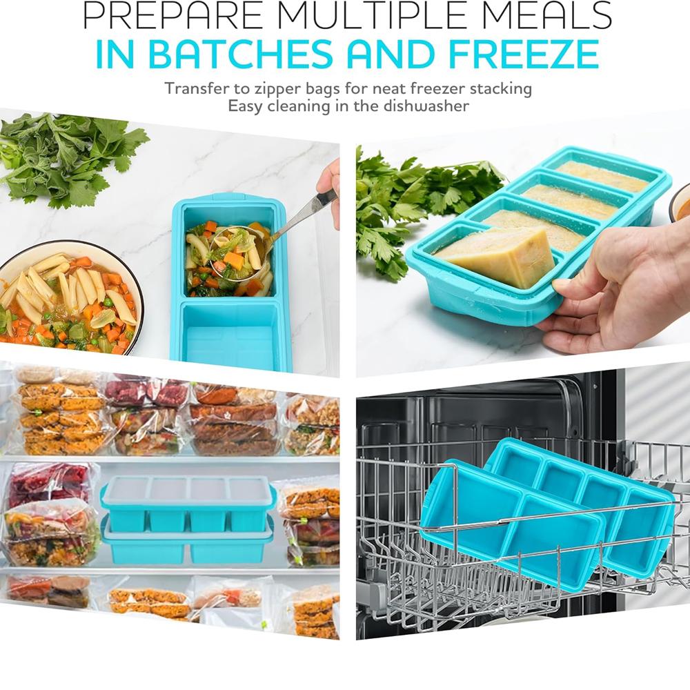 Silicone Freezer Tray With Lid-Soup Freezer Container molds-Large Ice Cube Tray Set Makes 1-Cup & 2-Cup Portions Cubes