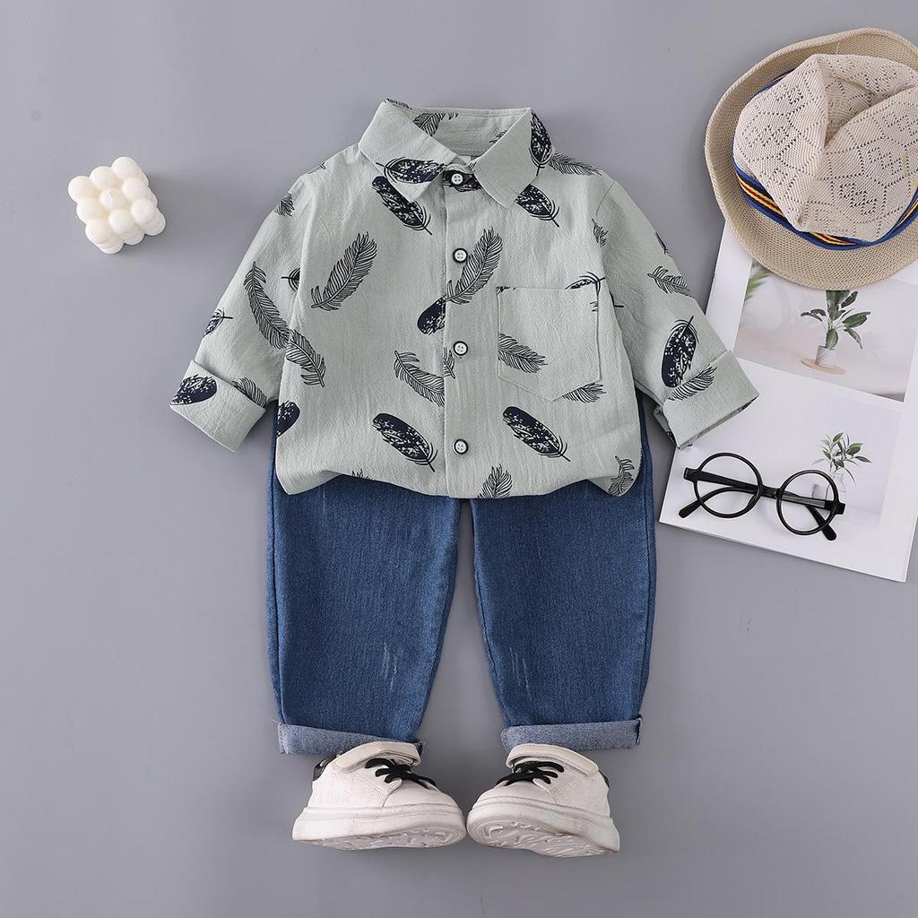 Boys' Cartoon Print Long Sleeve Top & Elastic Jeans Two-Piece Set