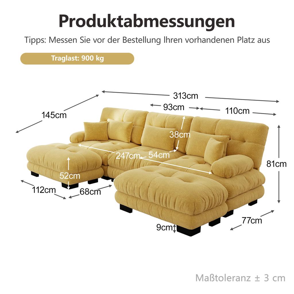 Luxuriöses Modulares Ecksofa - Überdimensionale U-förmige Wolken-Couch für das Wohnzimmer, Tiefe Sitzfläche, Umklappbares Schlafsofa mit Hocker, Gelb