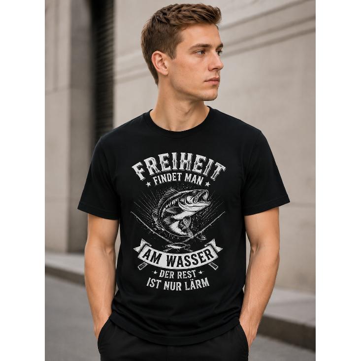 Men's Black Short Sleeve Crew Neck T-Shirt with Vintage German Fishing Graphic, Soft Cotton Blend for Casual Outdoor Wear and Angling Enthusiasts
