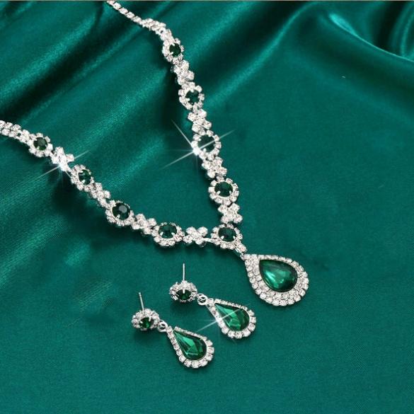 Set Earrings Necklace Wedding Silver Elegant Emerald Zircons B23