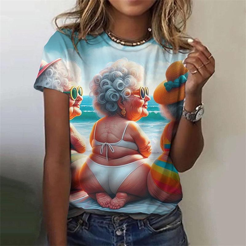 Summer Round Neck 3D Cartoon Grandma Image Pattern Printed Top Fashionable Casual Short Sleeved Women's T-shirts