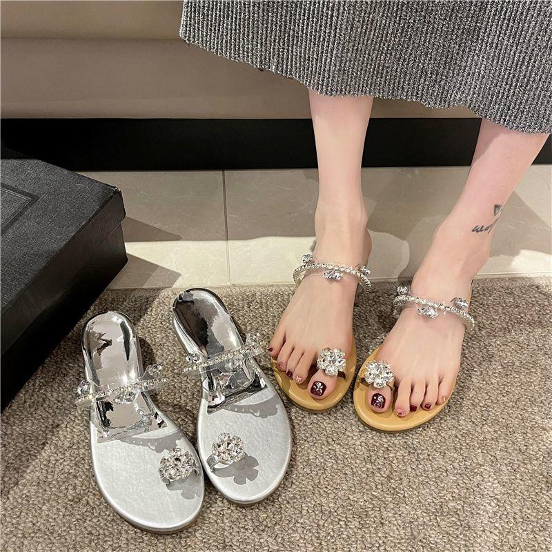 Wedge Heel Set Toe Rhinestone One-word Drag Girl 2025 Summer New Wear Korean Fairy Style Gentle Temperament Cool Slippers