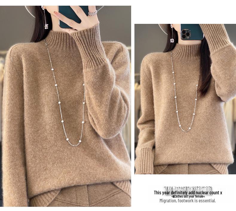 2025 Autumn/Winter Women's Thick Pure Wool Half-High Collar Knit Sweater