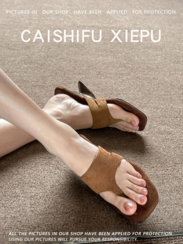 Summer new niche design French high-end wedge heel toe sandals herringbone high-heeled slippers