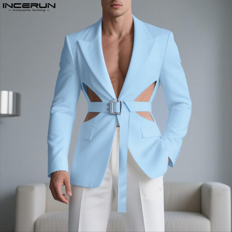 INCERUN Men Notched Lapel Long Sleeve Cutout Thin Blazer Party Coats