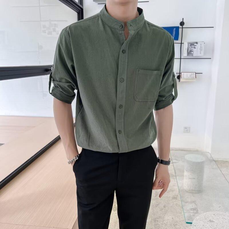 

High-end Wrinkle Wave Free Ironing Fabric Thin Stand Collar Shirt Men s Short-sleeved Round Neck Shirt 5XL зелений